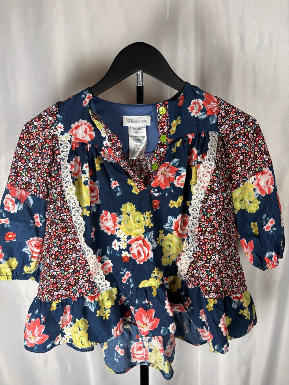 Bonnie Jean Navy Floral Lace-Trim Peasant Blouse
